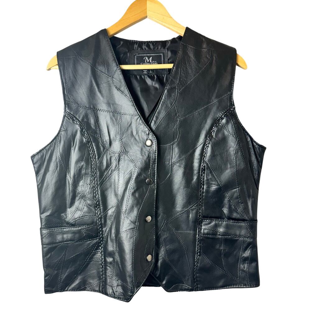 Women’s Black Leather Biker Vest Size Large Pockets Braided Detail Snap Gothic
